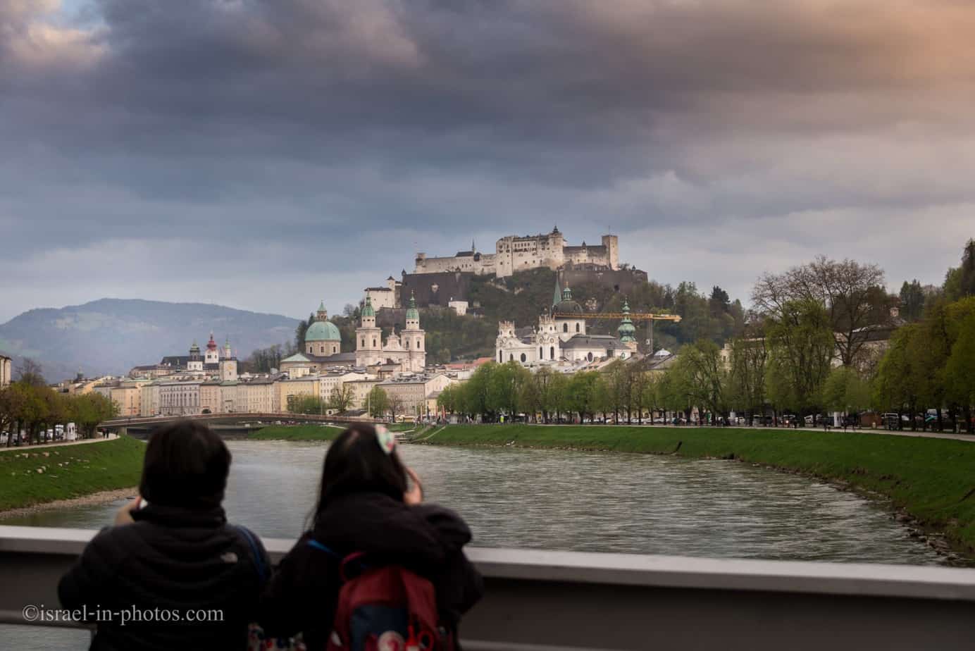 View of Fortress Hohensalzburg and Salzach river in Salzburg, Austria